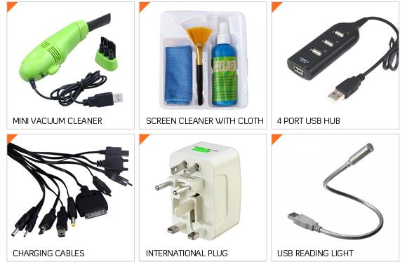 mini vacuum cleaner, screen cleaner with cloth, 4 port usb hub, charging cables, international plug, udb reading light